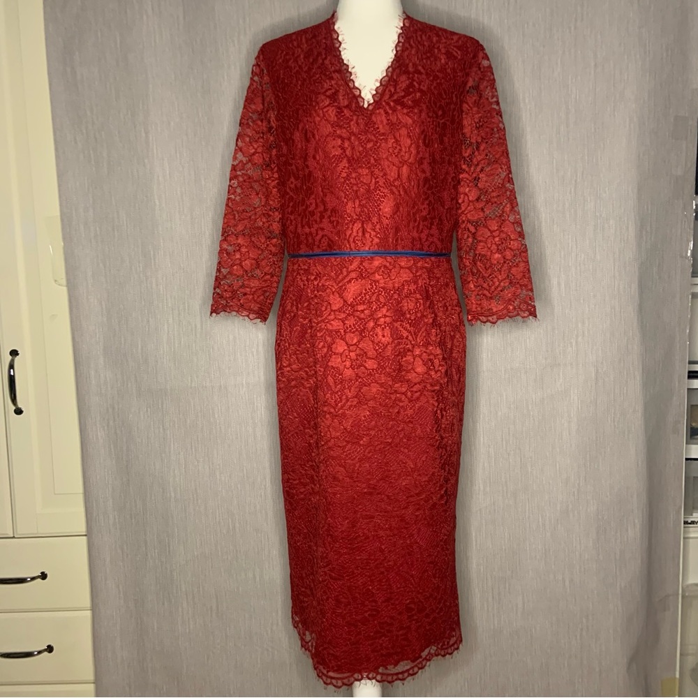 NWOT Sara Emanuel Detachable Burgundy Red Lace Dress | V-Neck 3/4 Sleeve | Sz 12